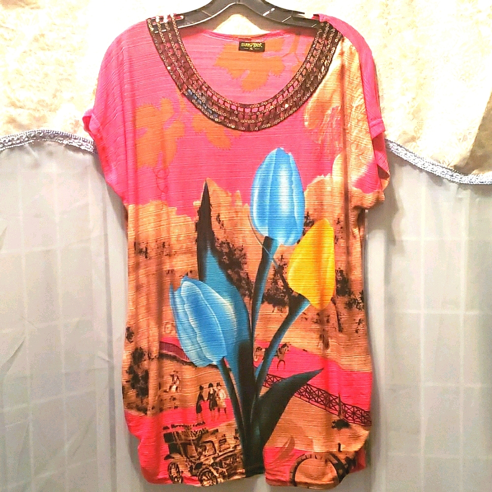 PARIS FLORAL PINK SEQUIN TRIM TULIP TUNIC SZ XL